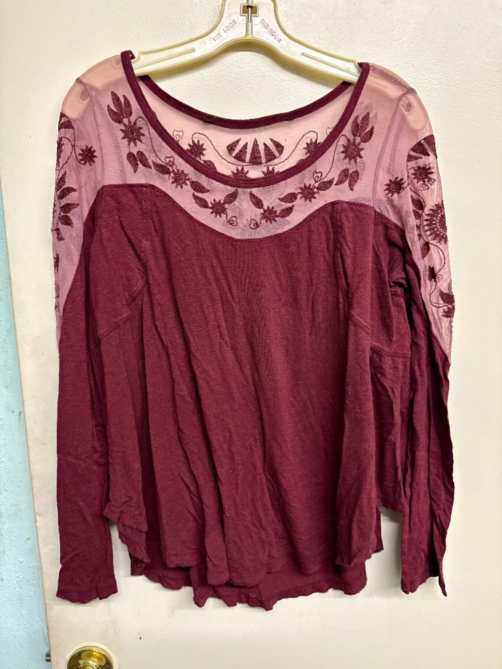 Free People Wine Red Long Sleeve Top with Floral Lace Design